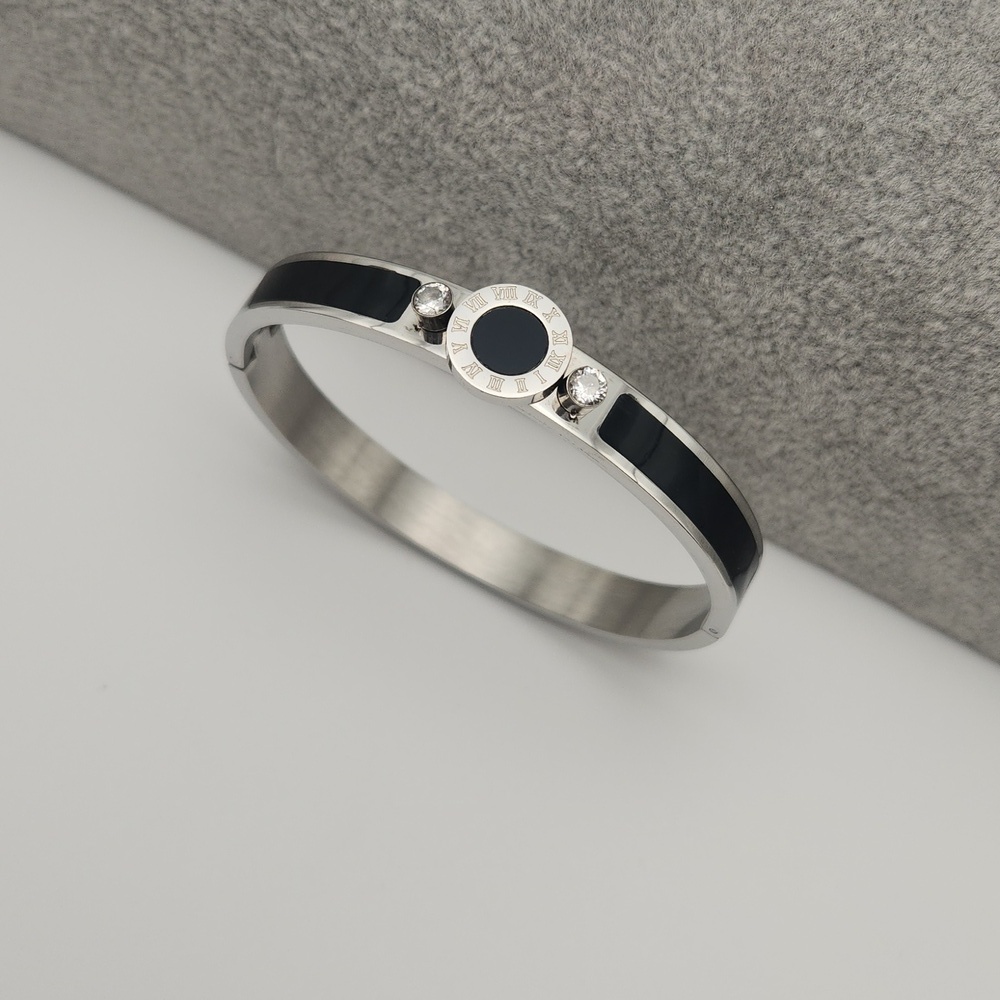 Silver Tone Roman Numeral Black  Enamel Accent Bangle Bracelet, Zircon Details